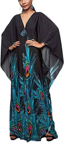 Venasha Peacock Floral Print Caftan Dress - Short Sleeve Swimsuit Cover-Up for Summer