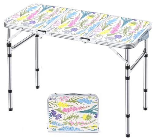 Yriuat 3ft Folding Camping Table with Floral Design, Adjustable Height Portable Picnic Table
