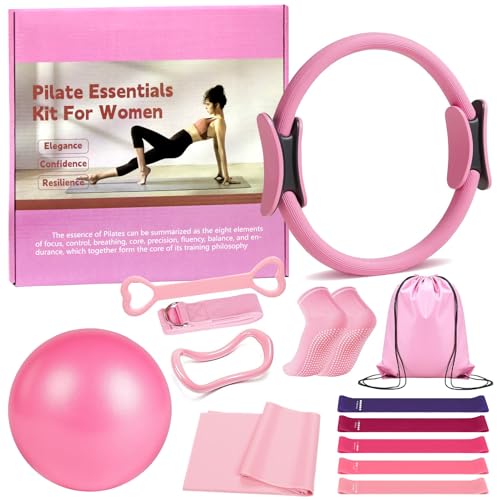 Pilates Ring 13-Piece Set with Resistance Bands - Pink