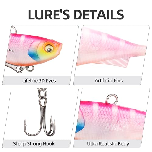 Pre-Rigged Soft Fishing Lures, Jig Head Paddle Tail Swimbaits - 5 Pack, 3/8oz