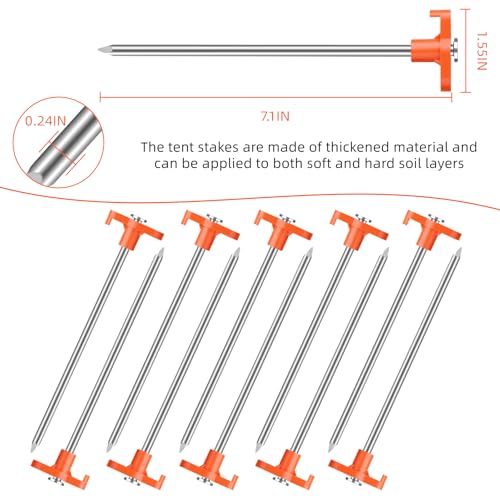 Heavy Duty 7-Inch Tent Stakes - Rust-Proof Metal with Orange Cap - 10 Pack