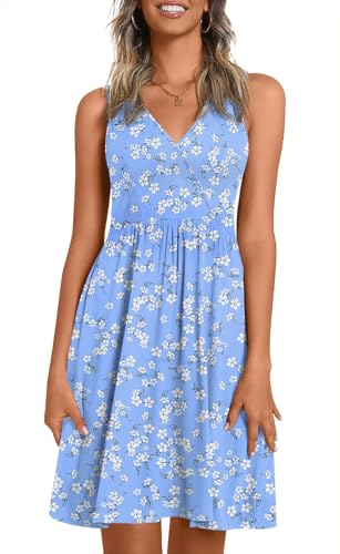 CATHY Women V-Neck Sleeveless Dress with Pockets - White Floret, XL
