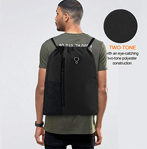Large Black Drawstring Gym Bag with Water Bottle Mesh Pockets