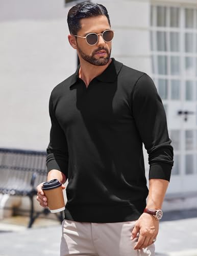 Men's Black Large Long Sleeve Polo Shirt Knit Sweater COOFANDY