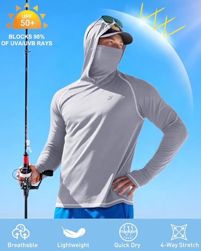 Roadbox UPF 50+ Long Sleeve UV Sun Hoodie with Mask, Light Gray (Large) Rash Guard for Men