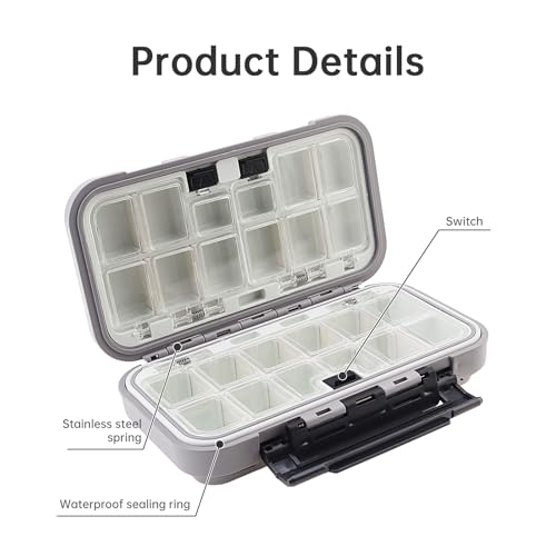 Fishing Tackle Storage Box - Double Sided Waterproof with 16 Compartments - Gray