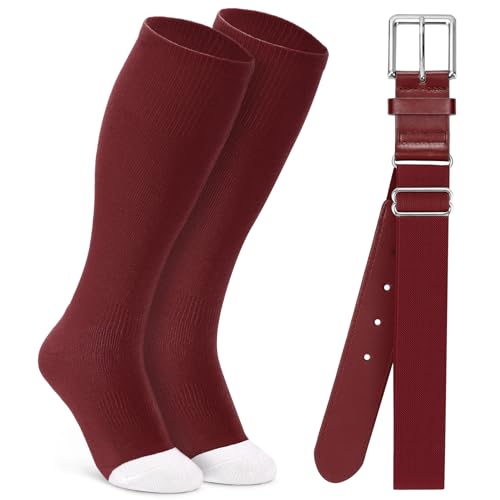 Baseball Softball Socks and Belt Combo Set - Knee-High, Medium, Wine Red