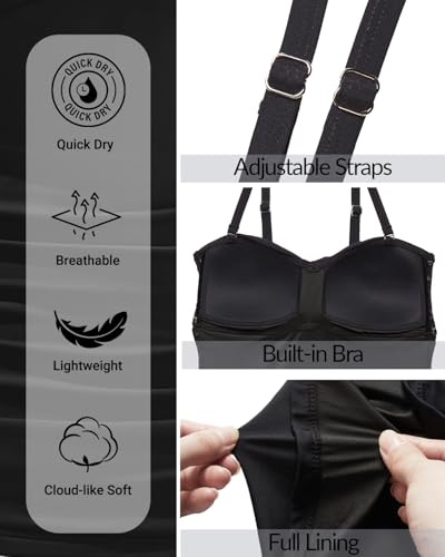 Holipick Women's Black Large Tummy Control Tankini Top - Bandeau Swimwear