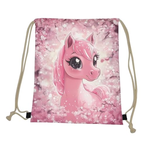 Cherry Blossom Horse Drawstring Backpack - Lightweight Cinch Sack