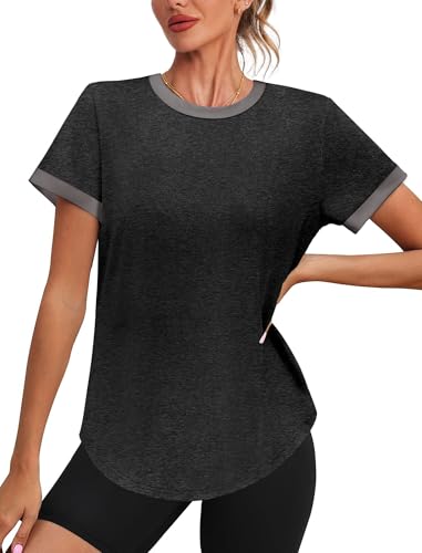 Womens Workout Tops Summer Short Sleeve Shirts Athletic Color Block