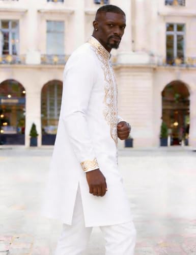White Men's African Dashiki 2-Piece Set - Gold Stamp Traditional Outfit XL