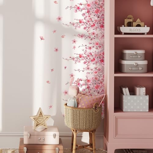 Cherry Blossom Flower Vine Wall Decal Peel and Stick Removable Floral Wall Art for Girls Bedroom Nursery Living Room Decor with Hanging Vines Blossoms