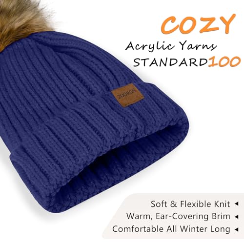 Women's Winter Knitted Beanie Hat with Faux Fur Pom - Navy Blue