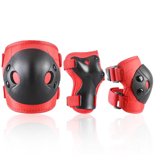 Kids Protective Gear Set - Knee Pads, Elbow Pads & Wrist Guards - Red, Small