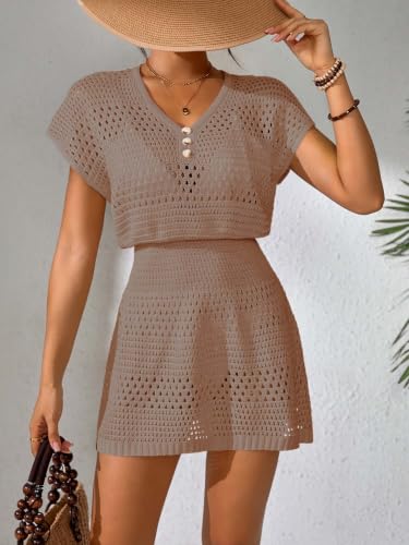 Womens Crochet Cover Up Swimsuit Mini Dress - A-Khaki, Medium