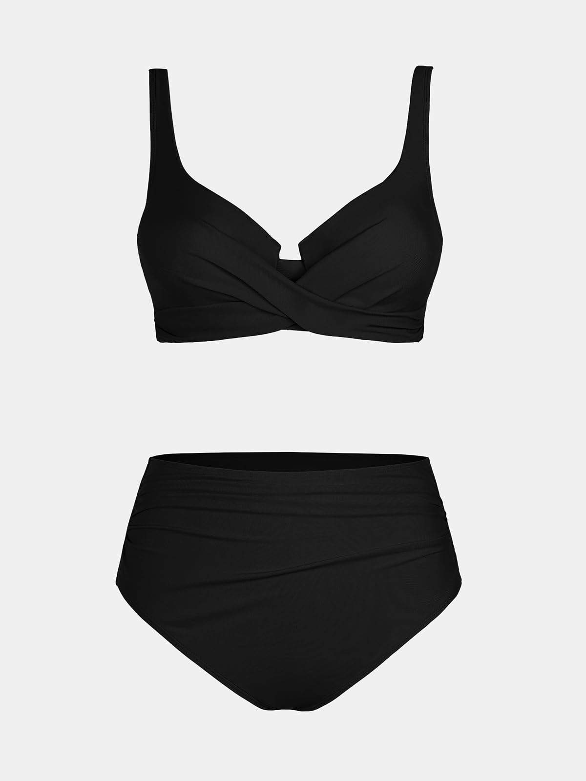 CUPSHE Women's Bikini Sets High Waisted Swimsuit Underwire Adjustable Straps Twisted Hook Full Coverage Bottom, M Black