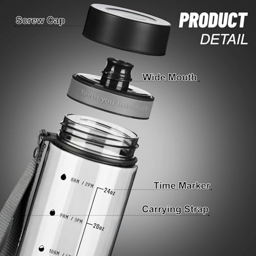 28 oz Clear Water Bottle with Time Marker - Black