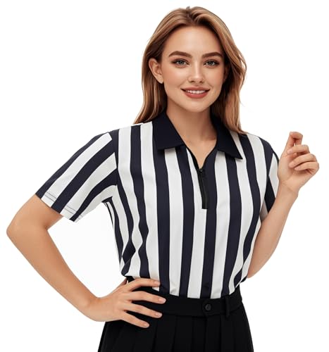 Women's Referee Costume Shirt - Black & White Short Sleeve Collar - Large