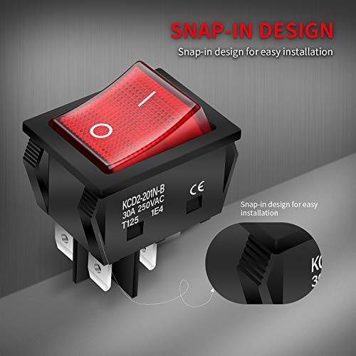 30A 250V Heavy Duty Rocker Switch with Red Light - 125V