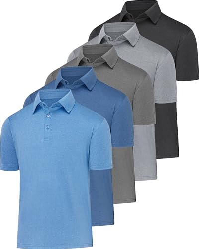 Men's Quick Dry Moisture-Wicking Polo Shirts 5-Pack - X-Large Black/Dark Grey/Blue