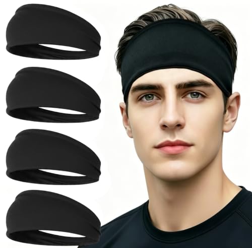 Stretchy Sweatband Headbands - 4 Pack Black for Fitness & Sports