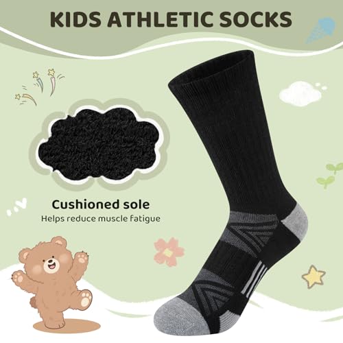 Comfoex Kids' Athletic Crew Socks 10 Pairs for Boys 4-10 Years, Black, Cushioned Sole