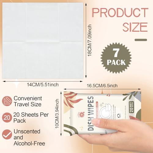Threlaco 7 Pack Camping Dish Wipes - Travel Dish Cleaning Essential, 20 Wipes per Pack