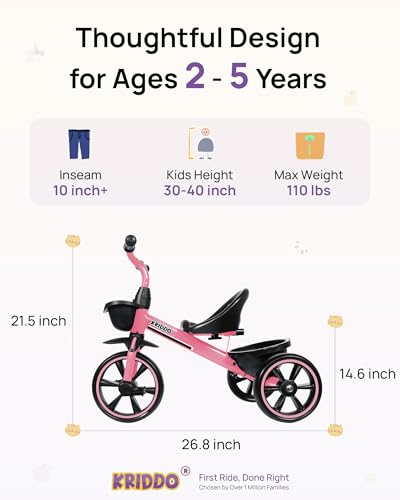 Toddler Tricycle for Ages 2-5 - Easy to Assemble, Pink