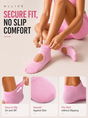 ALLIVE Pilates Socks with Grips for Women, Breathable Bamboo Non-Slip Yoga & Studio Socks, 6 Pairs in Black, White, Grey, Pink, Purple, Green