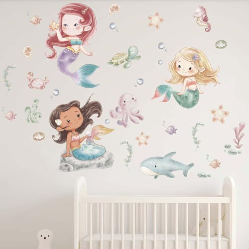 Ocean Mermaid Wall Decals - Under The Sea Marine Fish Whale Turtle Seaweed Grass Wall Stickers - Bathroom Baby Kids Nursery Girls Bedroom Daycare Wall Decor