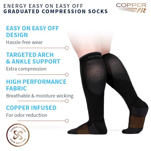 Copper Fit Energy Graduated Wide Calf Compression Socks (3 Pairs, S/M, Black) – Easy On / Off for Travel, Circulation & Swelling Relief
