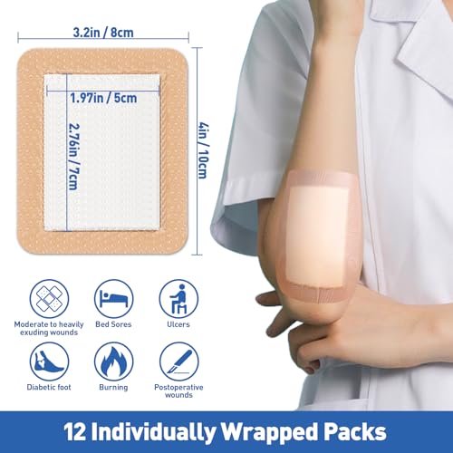 12 Pack Silicone Foam Dressings - 3.2" x 4" Waterproof Bandages