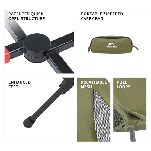 Naturehike YL01 Snap Camping Chair Green - Heavy Duty 441lb Support, 1-Second Setup