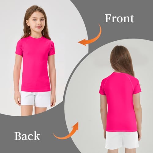 UPF 50+ Kids Rash Guard Short Sleeve Swim Shirt - Hot Pink, Age 7-8