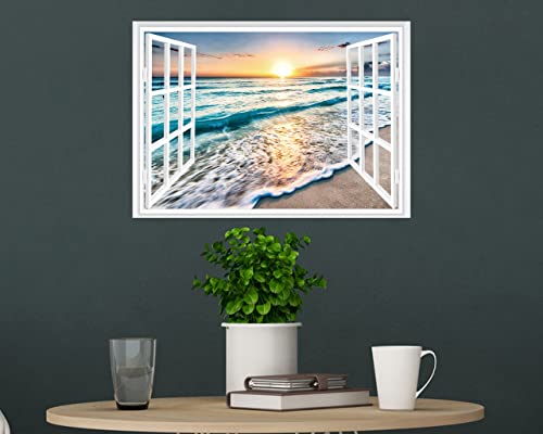 Faux Window Wall Mural - Sunset Beach Wall Sticker 16"x24"