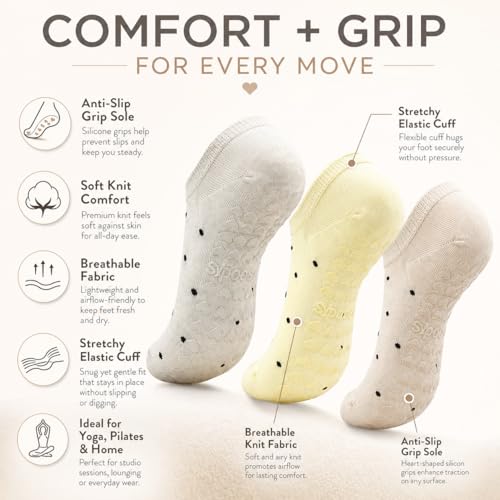 YesMvpMvp Non-Slip Pilates Socks with Grips for Women, Multipack, Grey, Light Yellow, Khaki, US Size 5-9