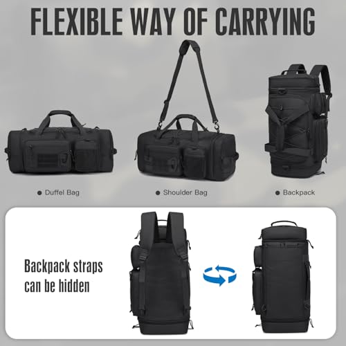 TONRUYN Black 3-in-1 Expandable Tactical Gym Duffle Bag with Shoe & Wet Pocket