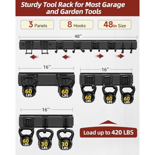 48-Inch Garage Storage Tool Organizer with 8 Hooks - Heavy Duty Metal Rack for Garage Organization, Garden Tool Organizer - Wall Mounted Tool Hanger for Shovels, Ladders, Lawn Tools