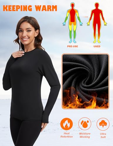 Kinglaman Women's Thermal Fleece Lined Long Sleeve Shirts 5 Pack - Black, White, Heather Grey, Large