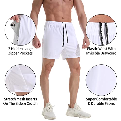 Men's 5-Inch Gym Shorts - Lightweight Quick Dry Athletic Shorts with Zipper Pockets - Large, White