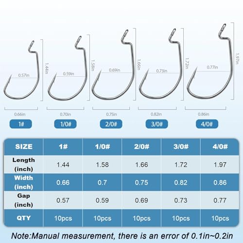 EWG Fishing Hooks Set - 50Pcs Wide Gap Offset Worm Hooks 1-4/0