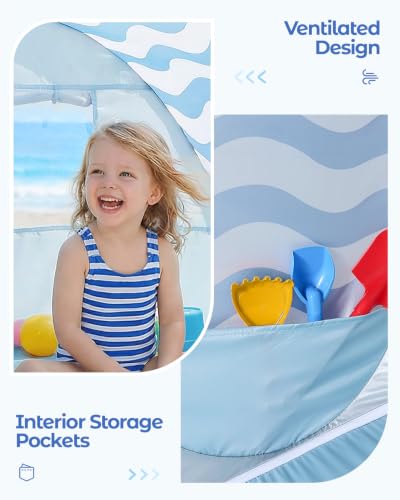 Pop Up Baby Beach Tent - Blue Wave Stripes Portable Toddler Sun Shade with UPF 50+