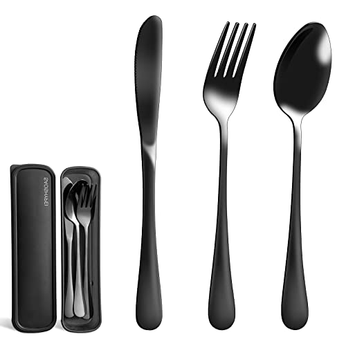 Travel Utensils Set - 4-Piece Stainless Steel Cutlery with Case - Black