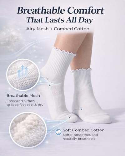 LOOMPOP Women’s Ruffle Mini Crew & Ankle Socks, 5-9 Pairs Cotton Cushioned Athletic Socks (Multicolor) for Running & Tennis