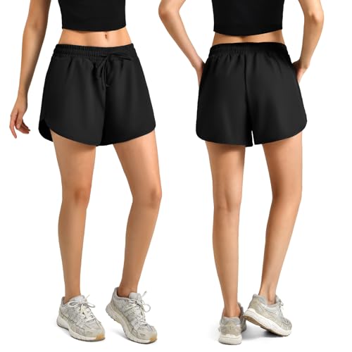 High Waist Quick Dry Running Shorts for Women with Pockets - Large / Black