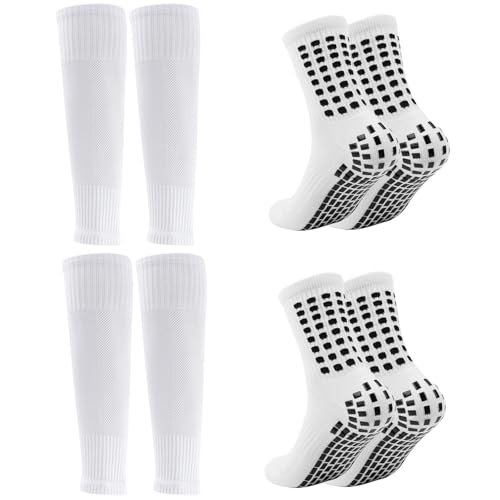 MIHAIR 2 Set White Soccer Grip Socks & Shin Guard Sleeves for Men Women
