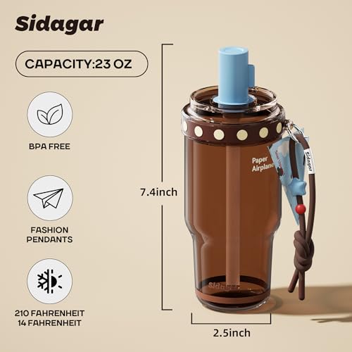 Sidagar 22oz Brown Tritan Water Bottle with Straw Lid & Charm — Leakproof & Portable