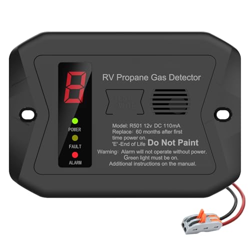 RV Propane Gas Detector, 12V DC, 85dB Alarm, Digital Display, Surface/Flush Mount, 5-Year Lifespan, Black