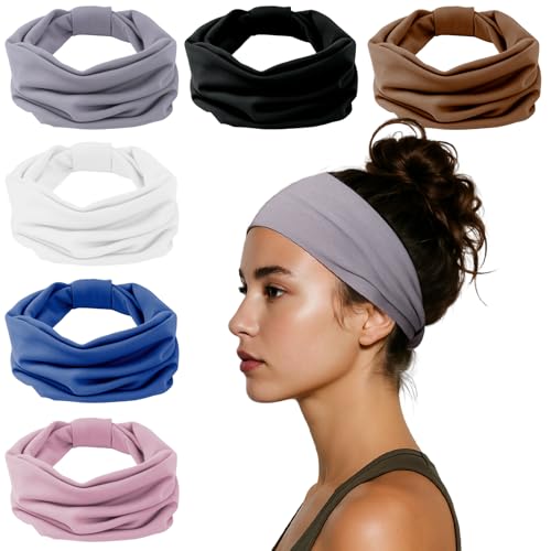 HSEM 6-Pack Wide Non-Slip Elastic Headbands for Women - Grey, Navy, Brown, White, Pink, Black
