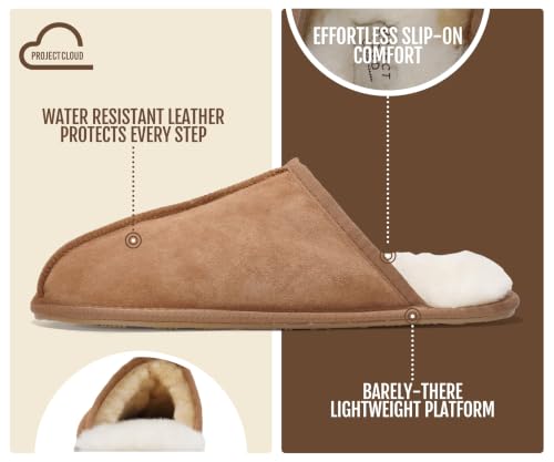 Project Cloud 100% Genuine Leather Shearling Mens Slippers – Chestnut Scuff (Size 8)